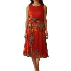 MSK Red Floral Blouson Belted Maxi Dress Ankle Length Sleeveless Size 8